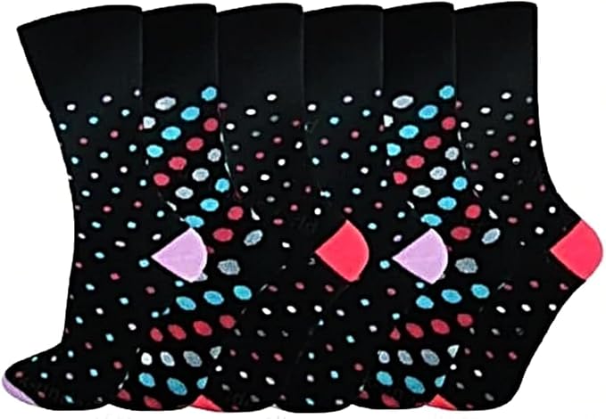 ARG 6 PAIRS WOMENS NON ELASTIC POLKA DOTTED DIABETIC SOCKS LADIES EASY GRIP LOOSE SOFT TOP COTTON SOCK FOR SWOLLEN FEED ODEMA FRIENDLY UK 4-8