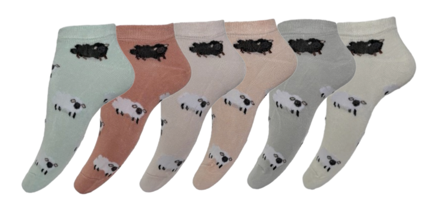 6 Pairs Ladies Bamboo Trainer Socks Breathable Novelty Animal Patterns Sheep Socks UK 4-8